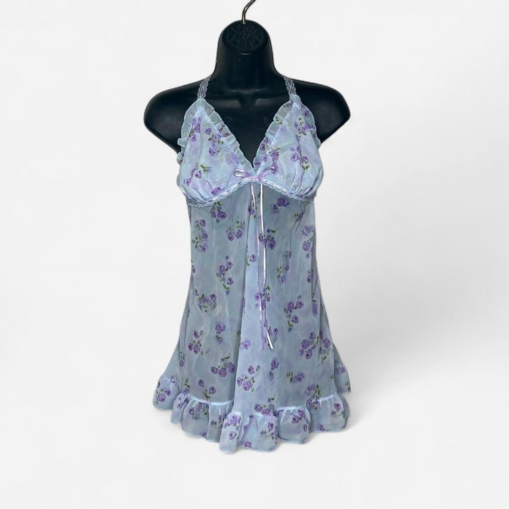 Purple Lace Trim Chemise with Floral Print